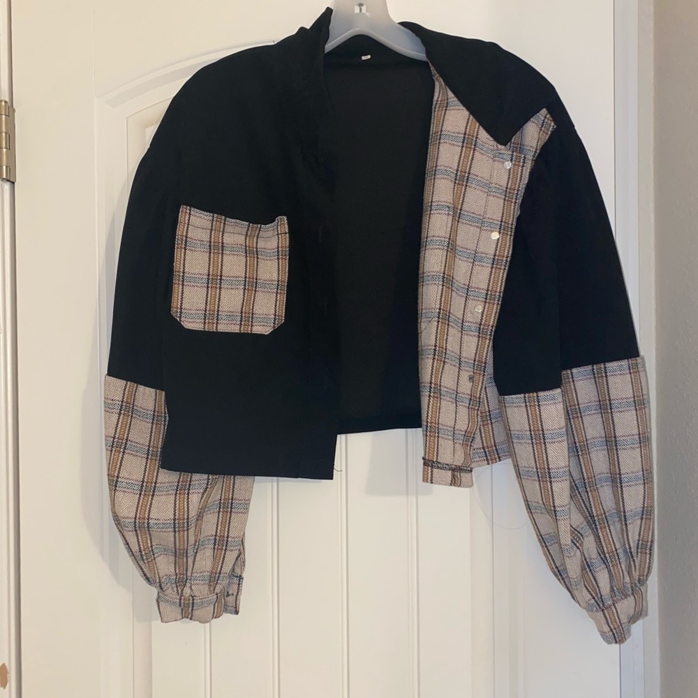 Patchwork corduroy crop shacket